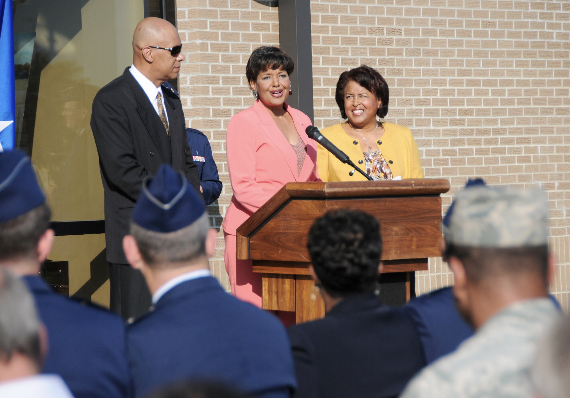 Airmen from Keesler Air Force Base, Miss., performed a dedication ceremony of the Consolidated Aircraft Maintenance Facility named after Col. (Ret.) Lawrence Roberts who served as a Tuskegee Airman and adopted Biloxi, Miss., as his home. The $22.6 million facility will be used to maintain the C-130J six-bladed composite propeller, and many other significant maintenance capabilities. The Roberts' family, along with more than 250 community and civic leaders, attended the ceremony. (U.S. Air Force photo/Kemberly Groue)