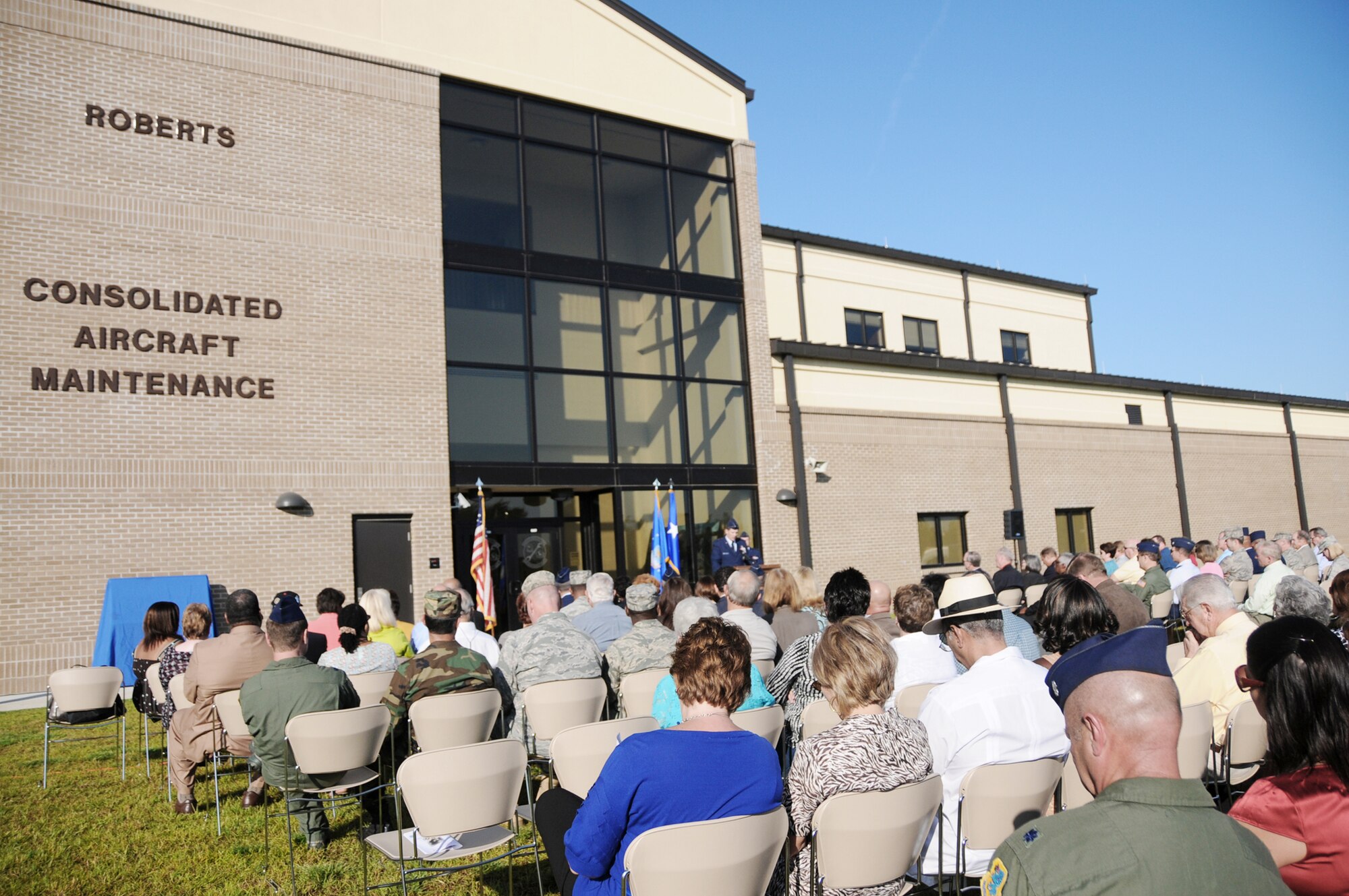 Airmen from Keesler Air Force Base, Miss., performed a dedication ceremony of the Consolidated Aircraft Maintenance Facility named after Col. (Ret.) Lawrence Roberts who served as a Tuskegee Airman and adopted Biloxi, Miss., as his home. The $22.6 million facility will be used to maintain the C-130J six-bladed composite propeller, and many other significant maintenance capabilities. The Roberts' family, along with more than 250 community and civic leaders, attended the ceremony. (U.S. Air Force photo/Kemberly Groue)