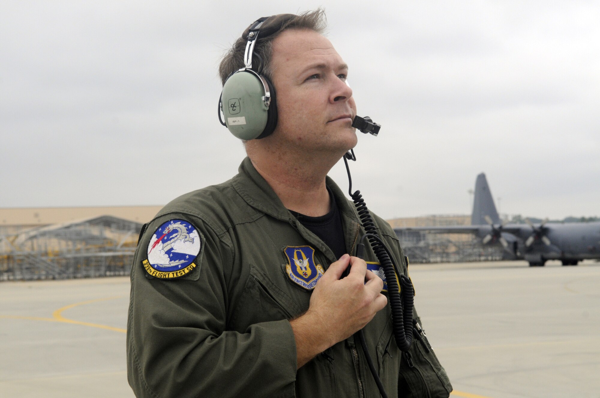 MSgt. Matt Priser, C-130 flight engineer, performs ground pre-flight checks on a C-130 preparing for a function test flight Sept. 1. U. S. Air Force photo by Sue Sapp