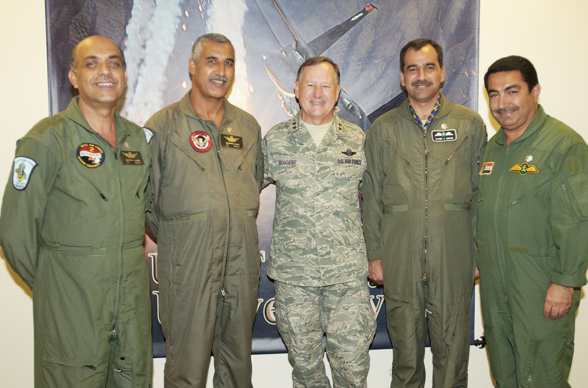 Maj. Gen. Frederick Roggero, Air Force chief of safety and Air Force Safety Center commander, welcomes four Iraqi students to the AFSC International Flight Safety Officer Course at Kirtland Air Force Base, N.M.  During the 25-plus-year history of the IFSO course, this is the first time Iraqi students have attended, making Iraq the 80th country on the approved course list.  (U.S. Air Force photo)