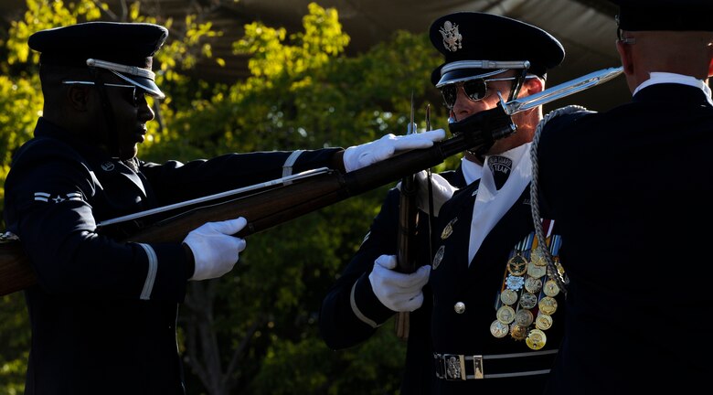 Capt. Michael Fanton, United States Air Force Honor Guard Drill Team commander, along with members of the Drill Team’s four-man team perform Sept. 6 at the California State fair in Sacramento. The Drill Team performed five times at the state fair, which drew crowds of more than 675,000 people. The Drill Team, the traveling component of the Honor Guard, tours around the world in order to recruit, retain, and inspire. (U.S. Air Force photo by Staff Sgt. Dan DeCook)