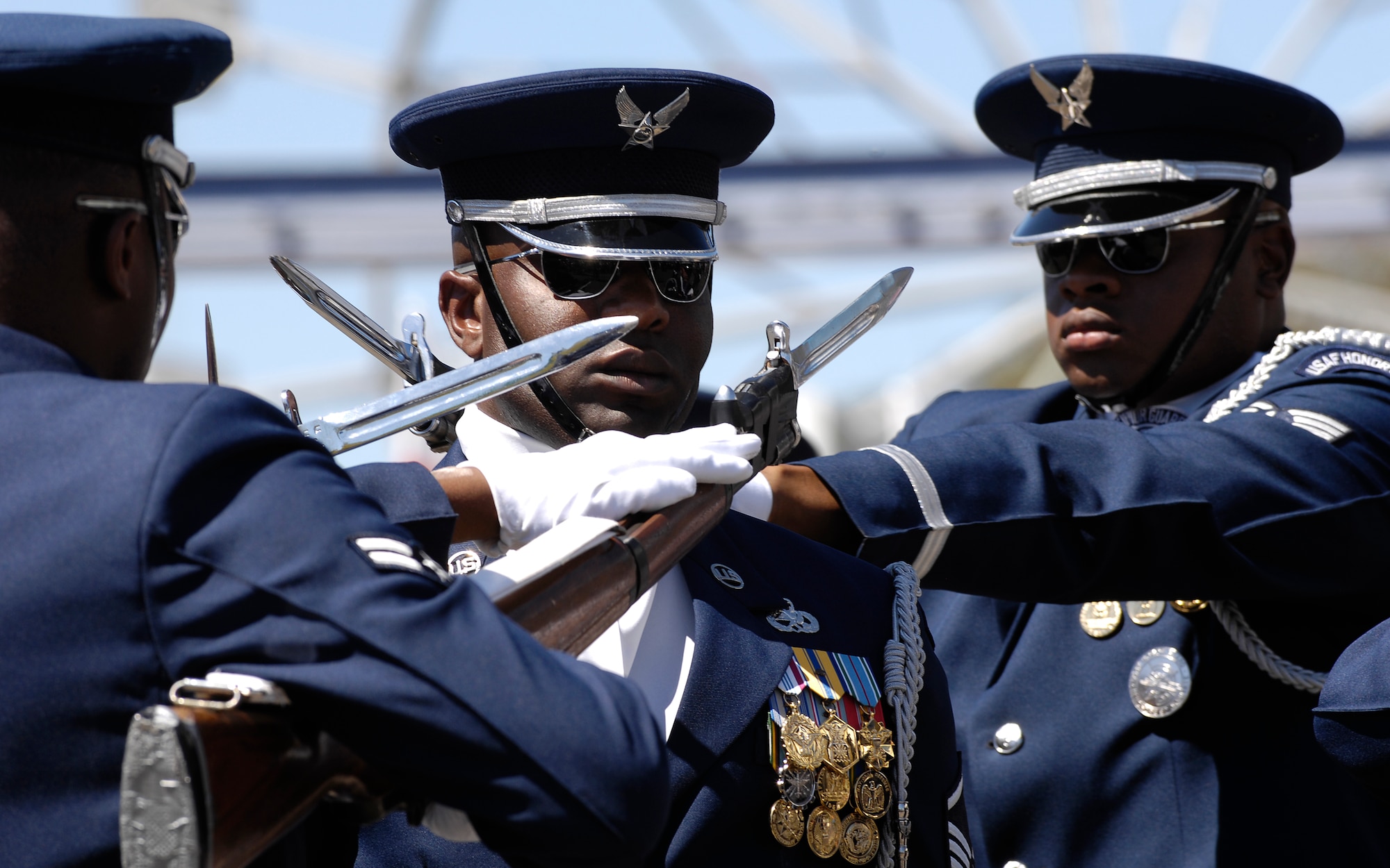 Master Sgt. Steven West, United States Air Force Honor Guard Drill Team superintendent, along with members of the Drill Team’s four-man team perform Sept. 5 at the California State fair in Sacramento. The Drill Team performed five times at the state fair which was attended by more than 675,000 people. The Drill Team, the traveling component of the Honor Guard, tours around the world in order to recruit, retain, and inspire. (U.S. Air Force photo by Staff Sgt. Dan DeCook)
