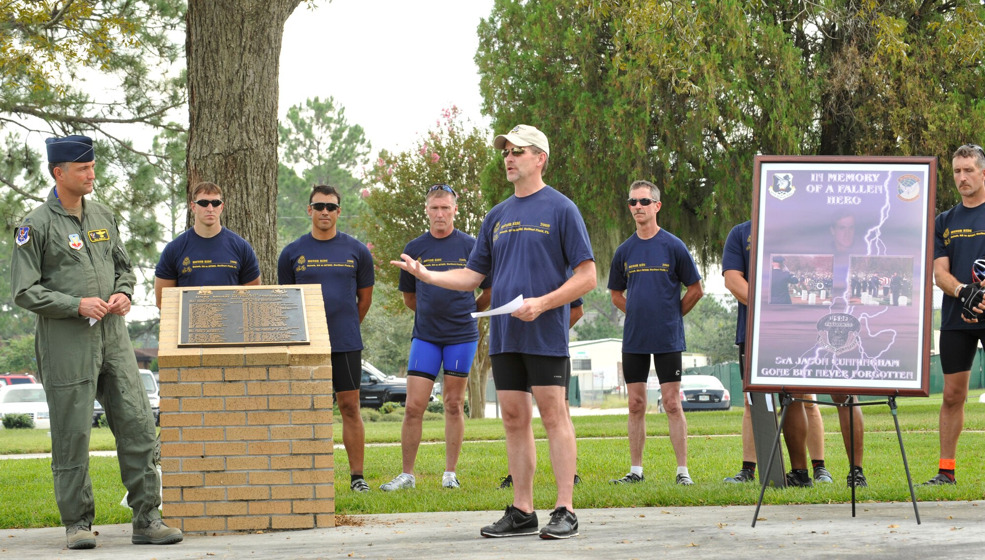 MOODY AIR FORCE BASE, Ga. -- Lt. Bill Stevens, City of Duluth Police Department police officer, speaks to the audience during the Operation One Voice Honor Ride memorial ceremony here Sept. 9. “There’s not a single firefighter or police officer who doesn’t remember where they were on 9/11,” said Lieutenant Stevens. “The military responded to that threat and helped preserve our freedom, and the citizens of Duluth have remained grateful for that.” (U.S. Air Force photo by Senior Airman Schelli Jones)