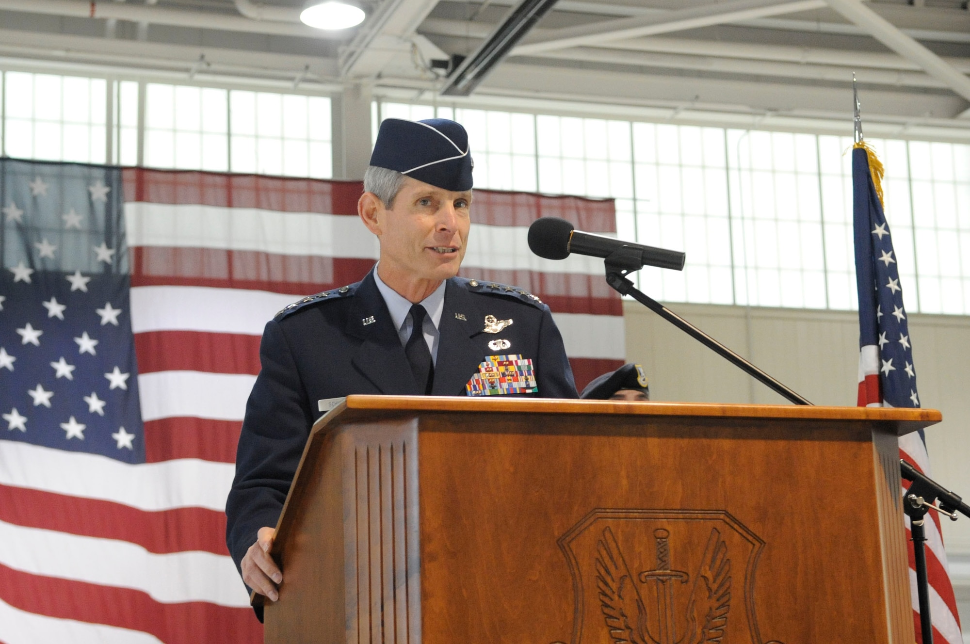 LANGLEY AIR FORCE BASE, Va.-- Gen. Norton A. Schwartz, fomer Chief of Staff of the Air Force delivers opening remarks to Langley Airmen during the Air Combat Command change of command ceremony here Sept. 10. General Corley relinquished command to Gen. William M. Fraser III after commanding ACC since October 2007 and serving his country for more than 36 years.  (U.S. Air Force photo/Senior Airman Dana Hill)
