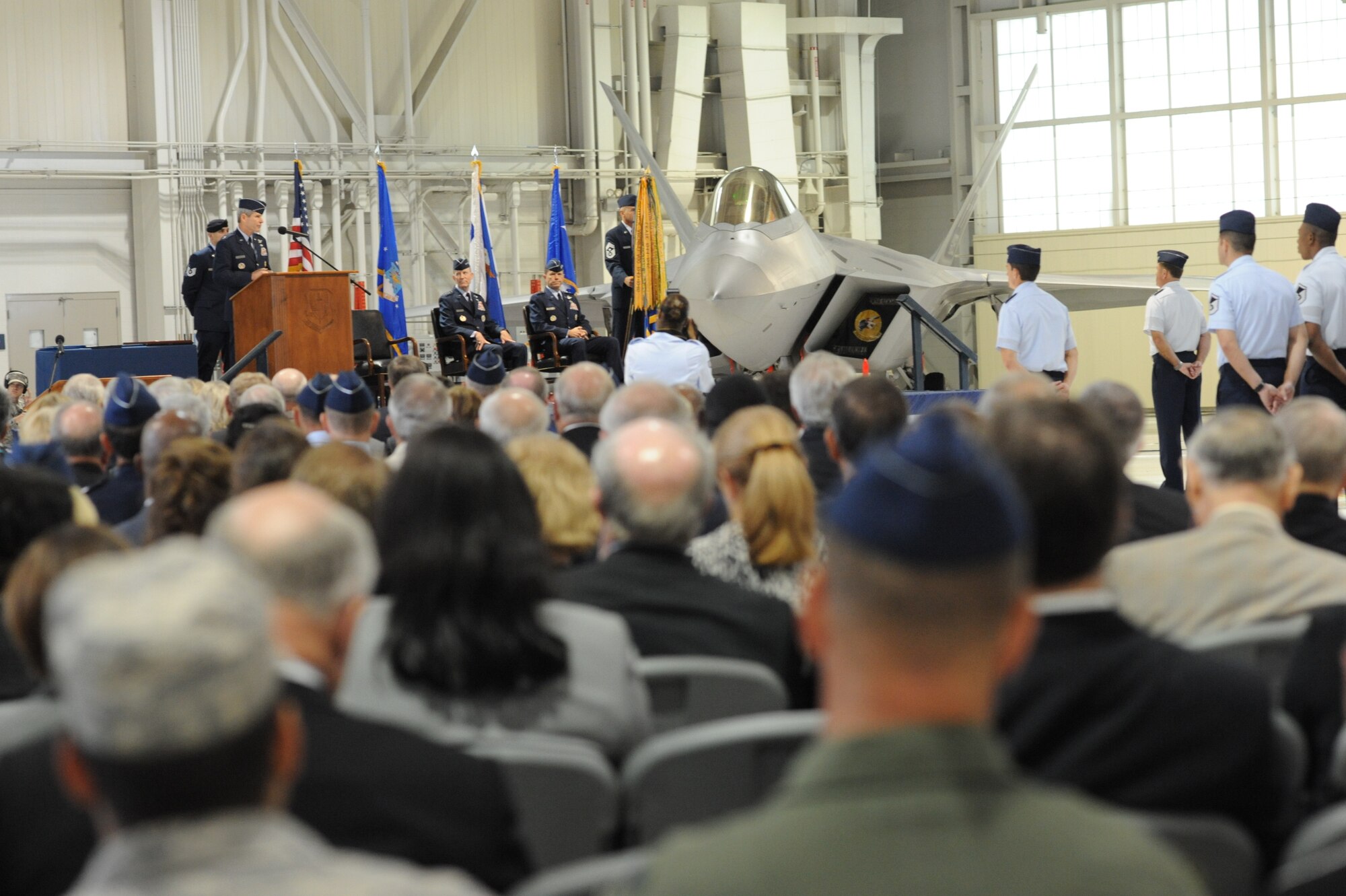 LANGLEY AIR FORCE BASE, Va. – Gen. Norton A. Schwartz, former Chief of Staff of the Air Force, speaks to Langley Airmen during the Air Combat Command change-of-command ceremony in the 71st Fighter Squadron hangar Sept. 10. General Corley relinquished command to Gen. William M. Fraser III after commanding ACC since October 2007 and serving his country for more than 36 years.  (U.S. Air Force photo/Staff Sgt. Barry Loo)