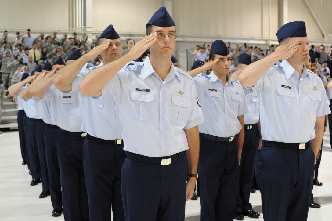 LANGLEY AIR FORCE BASE, Va. – Langley Airmen present arms during the Air Combat Command change of command ceremony here Sept. 10.  Gen. John D.W. Corley relinquished command to Gen. William M. Fraser III after commanding ACC since October 2007 and serving his country for more than 36 years.  General Fraser came from the Pentagon, where he served as the Air Force Vice Chief of Staff.  He was selected to command ACC after Gen. John D.W. Corley announced his retirement in May. (U.S. Air Force photo/Staff Sgt. Barry Loo)