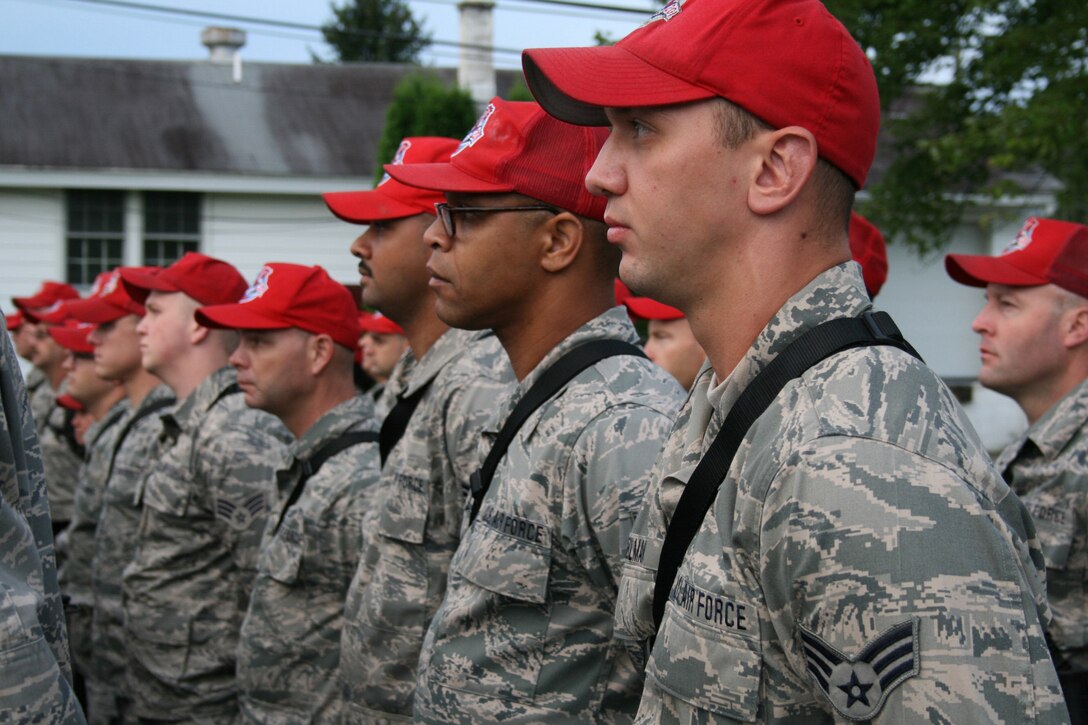 Airmen of the 201st RED HORSE squadron participated in formation for accountability purposes.  After roll call the Airmen were briefed by Maj. Gen. Jessica L. Wright, the Adjutant General, Pennsylvania National Guard, their commanders, and the chaplain before they were dismissed to board the buses. 