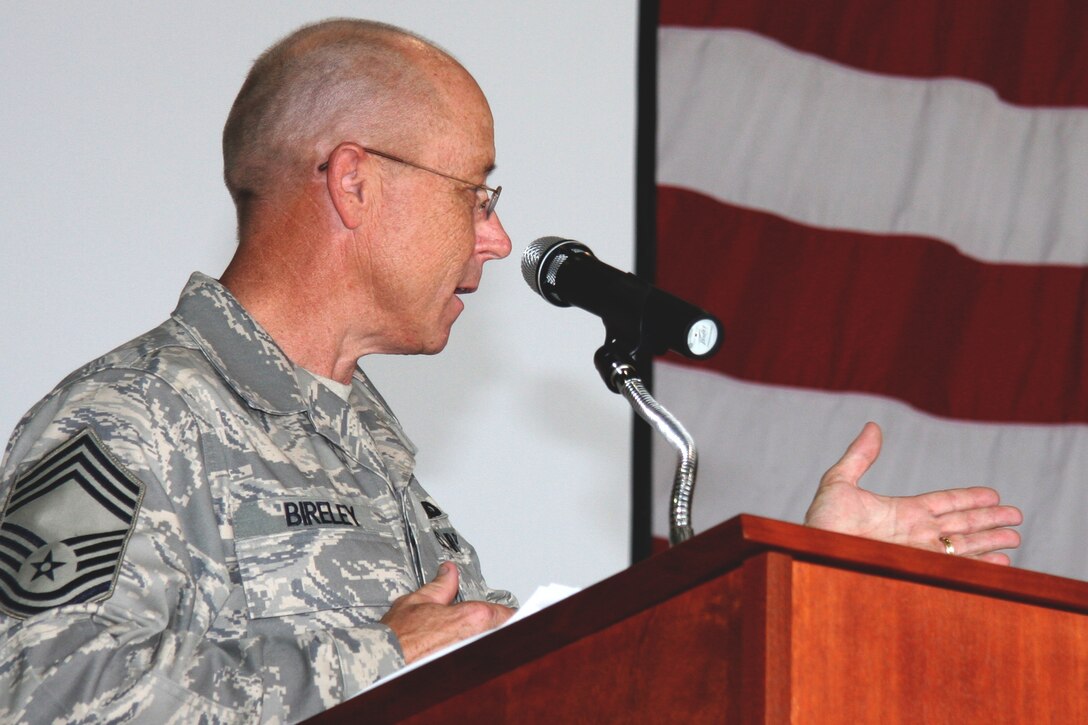 GRISSOM AIR RESERVE BASE, Ind. -- Newly inducted Chief Master Sgt. Kirk Bireley thanks his family and coworkers for helping in him achieve his career goals during a noncommissioned officer and chief master sergeant induction ceremony. During the ceremony new NCOs, senior NCOs and chief master sergeants were inducted into their specific tiers and given charges commiserate with those roles by the Chief Master Sgt. Larry Brady, 434th Air Refueling Wing command chief. Chief Bireley is a security force manager with the 434th Security Forces Squadron. (U.S. Air Force photo/Staff Sgt. Mark R. W. Orders-Woempner)