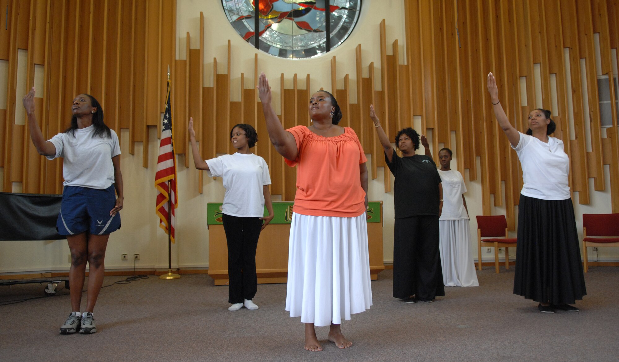 SPANGDAHLEM AIR BASE, Germany – About 30 people attended a praise dance workshop at the Bitburg Chapel Sept. 9 to learn the fundamentals of worship through dance in preparation for a gospel extravaganza workshop at 6 p.m. Sept. 14-18 at the Spangdahlem Chapel. (U.S. Air Force photo/Airman 1st Class Staci Miller)