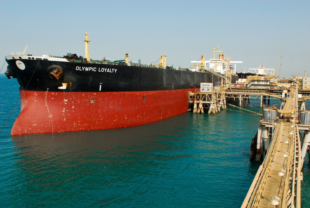 An oil tanker is docked at the Al Basrah Oil Terminal in the Persian 