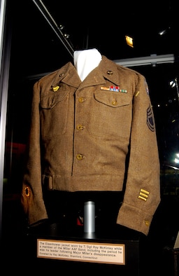 DAYTON, Ohio -- Eisenhower jacket worn by Tech. Sgt. Ray McKinley while a member of the Maj. Glenn Miller Army Air Force Band, including the period he was its leader following Maj. Miller's disappearance. The jacket, donated by Ray McKinley of Stamford, Conn., is on display in the World War II Gallery at the National Museum of the U.S. Air Force. (U.S. Air Force photo)