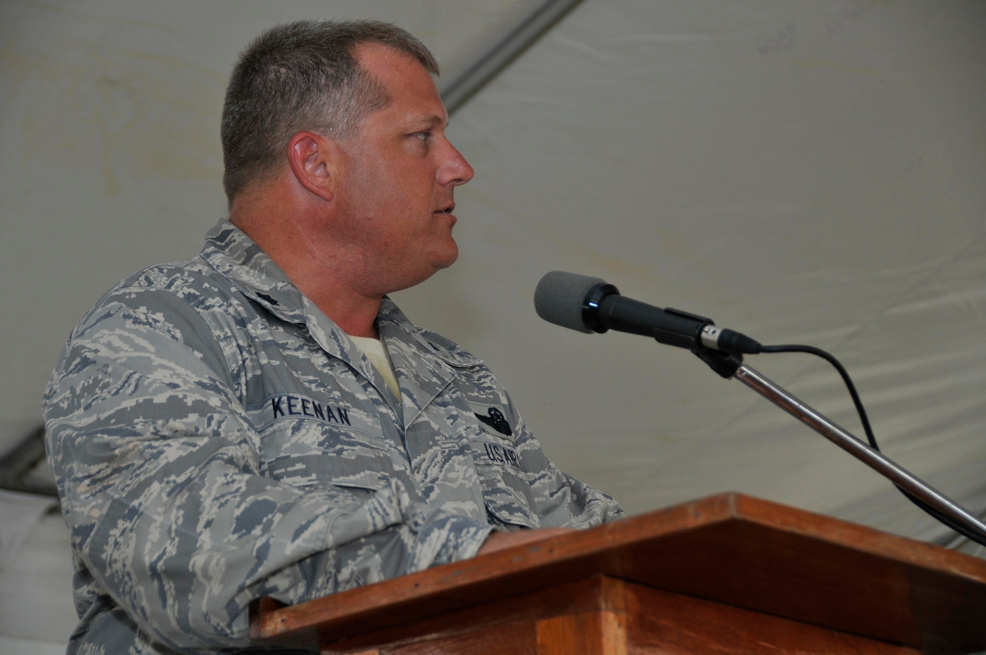 Lt. Col. Patrick Keenan, commander of Joint Task Force Guyana, speaks during the opening ceremony of the new La Pentinence Medical Clinic Sept. 10, 2009, in Georgetown, Guyana. The $350,000 structure was built by Soldiers of Georgia Army National Guard. (U.S. Air Force photo by Airman 1st Class Perry Aston) (Released)