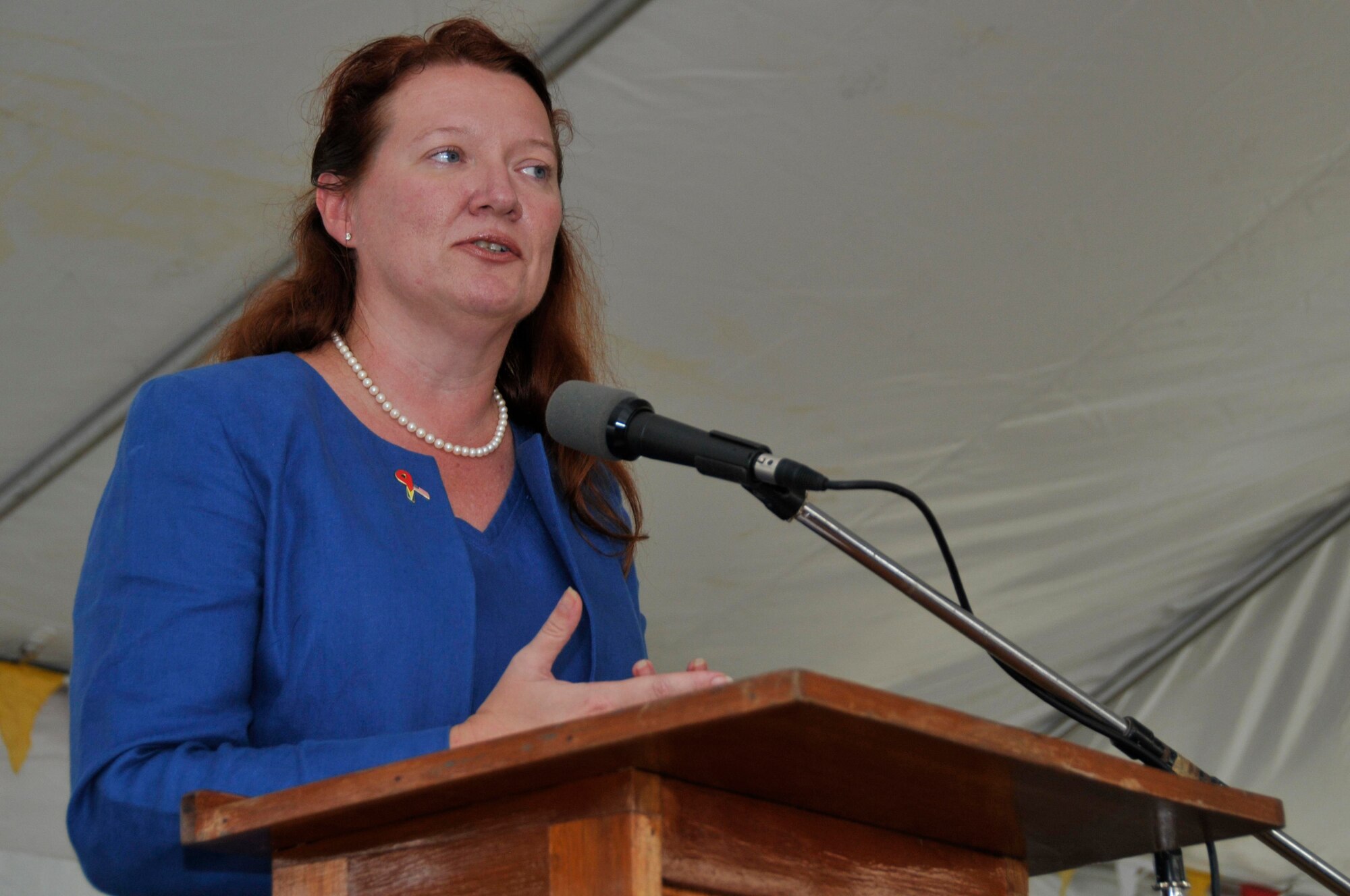 Karen Williams, U.S. Embassy Charg? d'Affaires, speaks during the opening ceremony of the new La Pentinence Medical Clinic Sept. 10, 2009, in Georgetown, Guyana. The $350,000 structure was built by Soldiers of Georgia Army National Guard.  (U.S. Air Force photo by Airman 1st Class Perry Aston) (Released)