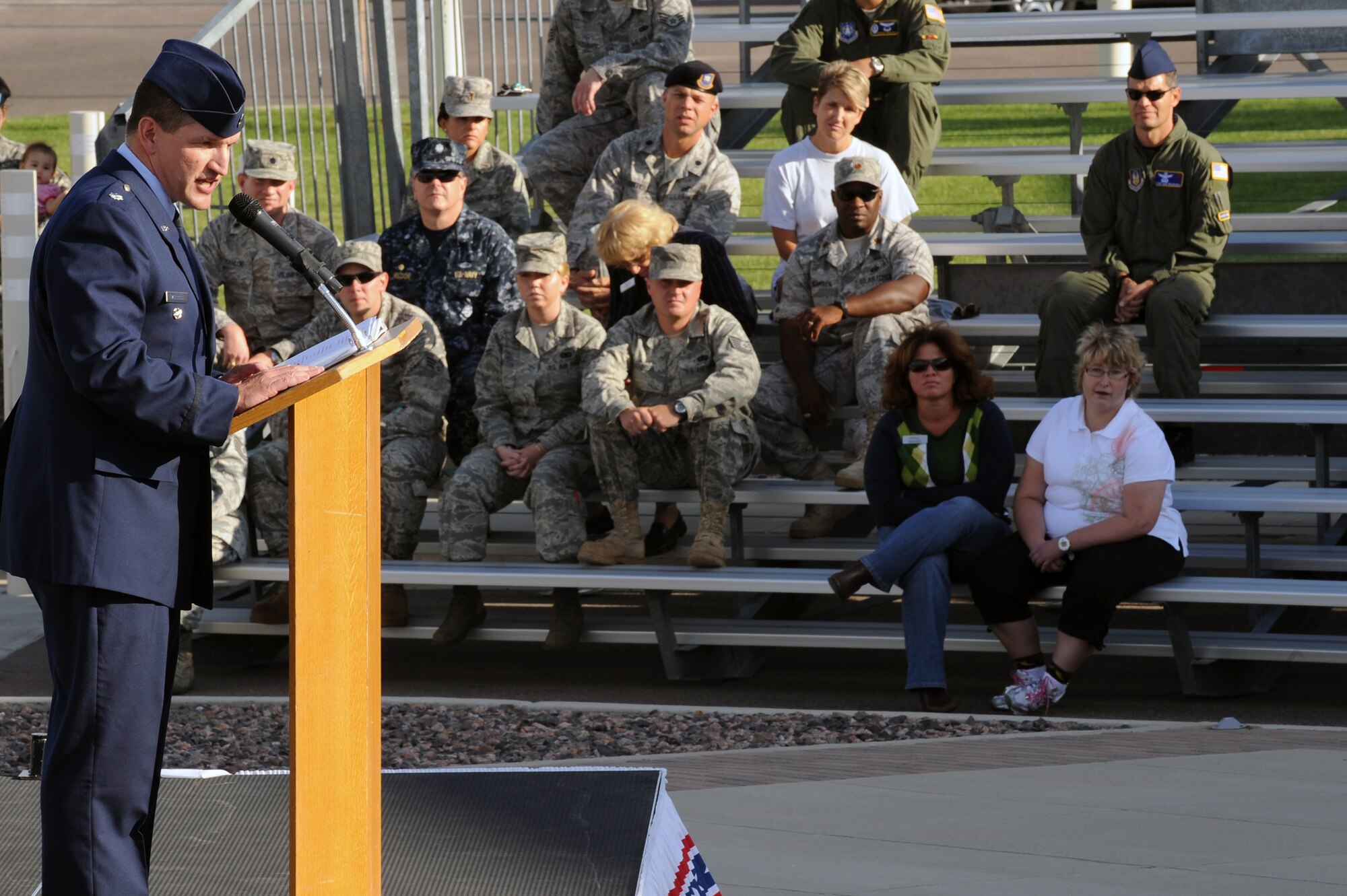 BUCKLEY AIR FORCE BASE, Colo. – Lt. Col. William Morrison, 460th Mission Support Group deputy commander, speaks at Buckley's Patriot Day ceremony Sept. 11. During the ceremony, Team Buckley remembered those who died Sept. 11, 2001, during the attacks on the World Trade Centers in New York, the Pentagon and on United Airlines Flight 93 over Pennsylvania. (U.S. Air Force photo by Senior Airman John Easterling)
