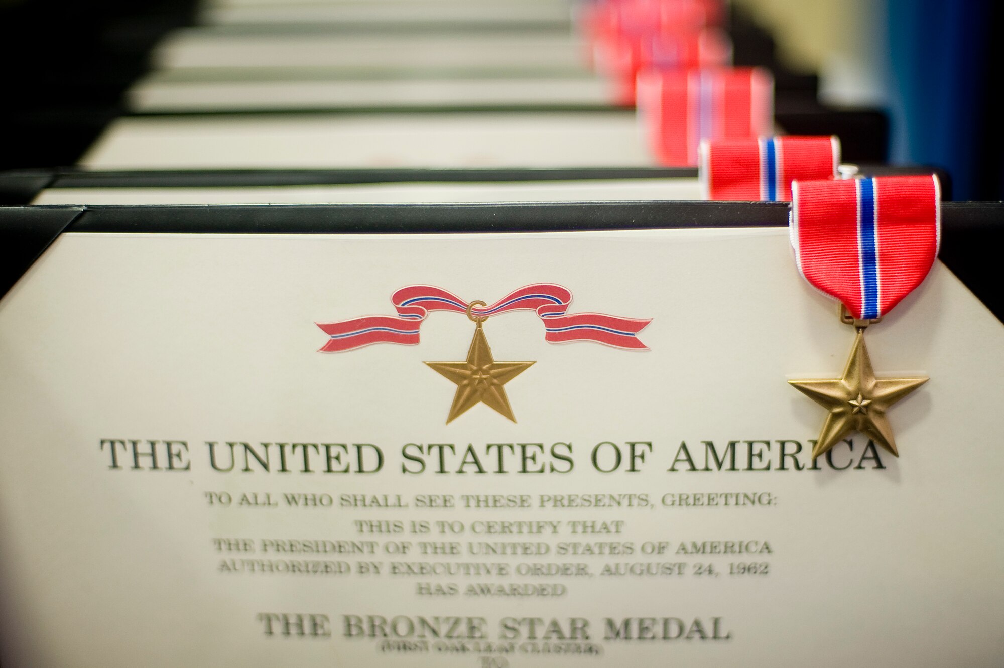 The Bronze Star medal is awarded to a person in any branch of the military service who, while serving in any capacity with the armed forces of the United States on or after December 7, 1941, shall have distinguished himself by heroic or meritorious achievement or service not involving participation in aerial flight in connection with military operations against an armed enemy. (U.S. Air Force Photo by Abner Guzman)