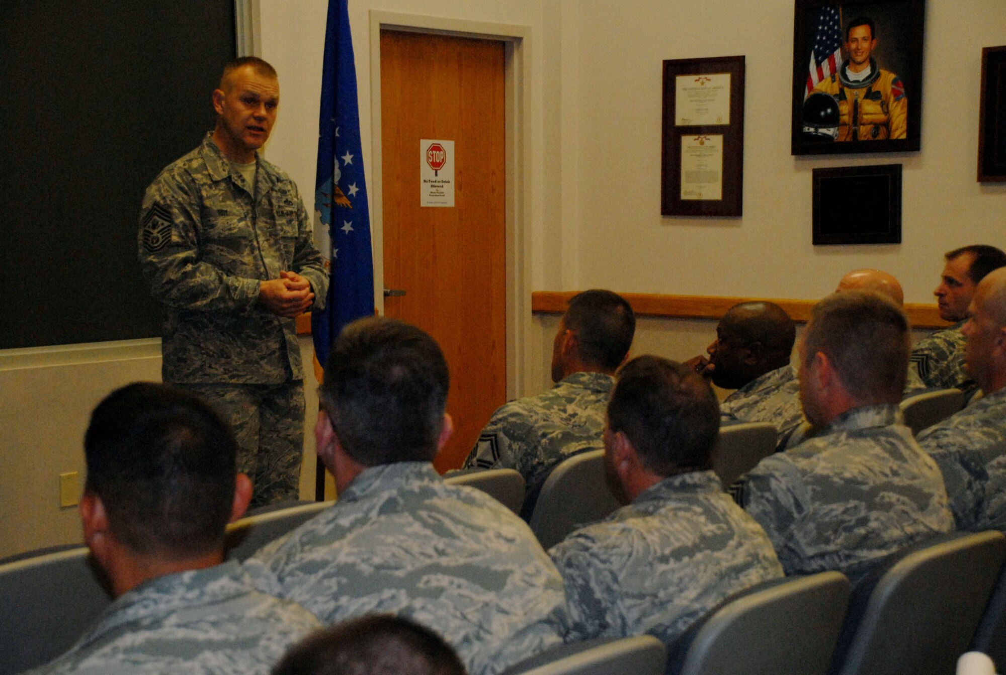 Chief Master Sergeant of the Air Force James Roy addresses Beale senior non-commissioned officers during a brief question and answer session Sept. 9, 2009 during a tour of base. (US Air Force Photo/ Tech. Sgt. Luke Johnson)
