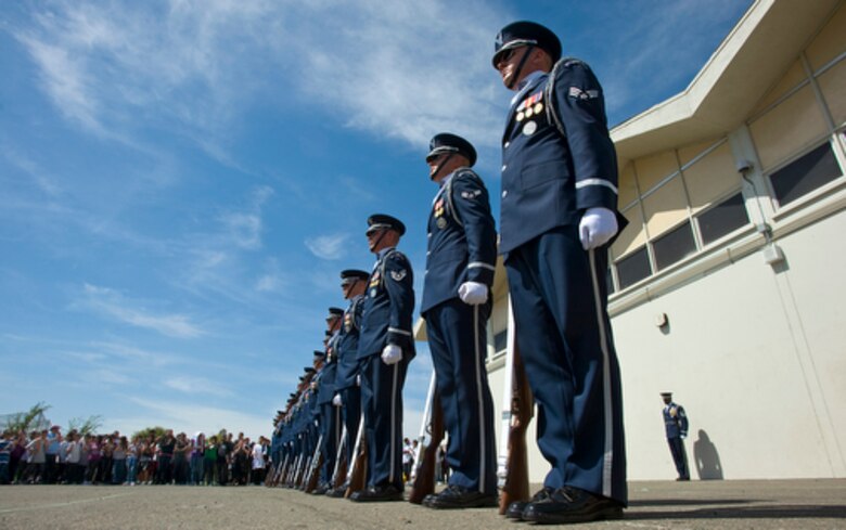 The United States Air Force Honor Guard Drill Team performs during a visit to Rosa Parks Middle School in Sacramento, Calif., Sept. 10, 2009, for Air Force Week-Sacramento. Air Force Week is an event using various activities and exhibitions to educate the community about the Air Force's capabilities and missions. (U.S. Air Force photo/Staff Sgt. Bennie J. Davis III)