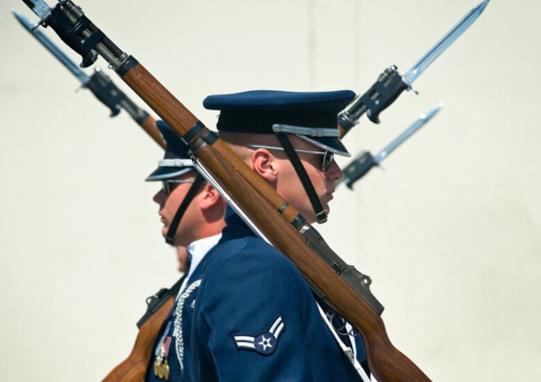 The United States Air Force Honor Guard Drill Team performs during a visit to Rosa Parks Middle School in Sacramento, Calif., Sept. 10, 2009, for Air Force Week-Sacramento. Air Force Week is an event using various activities and exhibitions to educate the community about the Air Force's capabilities and missions. (U.S. Air Force photo/Staff Sgt. Bennie J. Davis III)