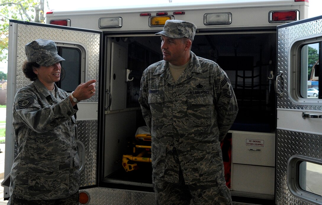 LANGLEY AIR FORCE BASE, Va. -- Chief Master Sgt. Scott Dearduff, command chief for the 9th Air Force and U.S. Air Forces Central Command, is given a briefing about the Urgent Care Center by Tech. Sgt. Beverly Lutz, 1st Medical Group non commissioned officer in charge of urgent care, here Sept.11. Chief Dearduff took the tour to better understand how Langley operates and to see how Airmen carry out the every day mission. (U.S. Air Force photo/Senior Airman Dana Hill)