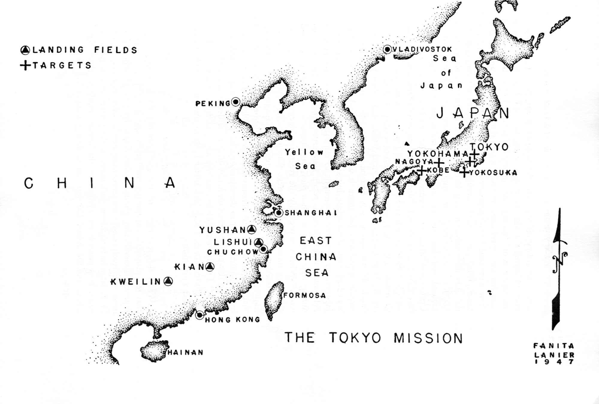 Map showing Doolittle Raid targets and landing fields.