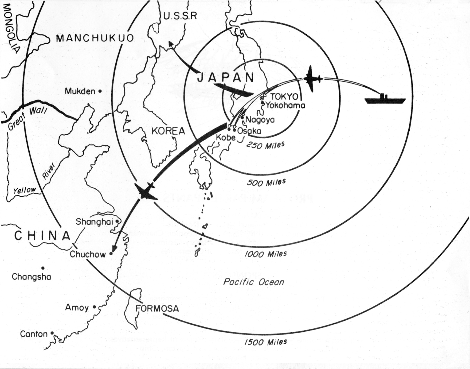 Map showing Doolittle Raid targets and landing fields.