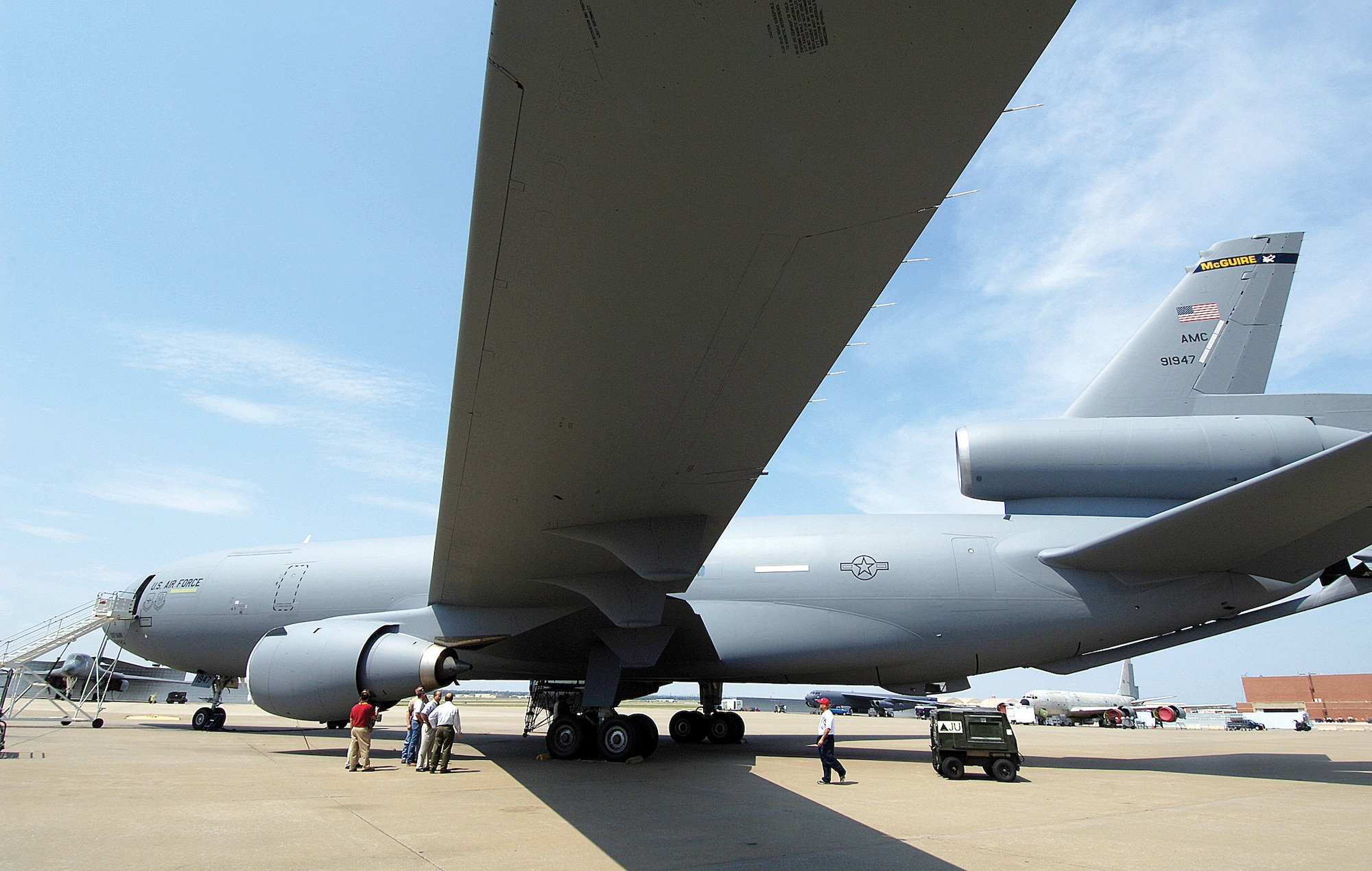 The first KC-10 aircraft was brought to Tinker last year after Federal Aviation Administration officials made Tinker an FAA-approved repair station. Eleven aircraft later, mechanics and paint crews of the 566th Aircraft Maintenance Squadron keep leaning their processes, cutting flow days by half for paint personnel, according to Shelvie Tabb, paint deputy section chief. Tinker officials put a critical eye to a finished KC-10 during an executive-level inspection before approving the aircraft to return home this week . While aircraft cleaners depainted and painted the exterior and massive internal cargo area, mechanics thoroughly inspected the exterior and interior, fixing or replacing as needed to get the aircraft back in rotation. (Air Force photos by Margo Wright) 
