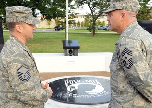 LANGLEY AIR FORCE BASE, Va. --  Chief Master Sgt. Scott Dearduff, command
chief for the 9th Air Force and U.S. Air Forces Central Command,is given a
tour by Master Sgt. Robert Casagrande, Air Combat Command airborne systems
chief, of the POW/MIA memorial here Sept.11. Chief Dearduff took the tour to
better understand how Langley operates and to see how Airmen carry out the
everyday mission.(U.S. Air Force photo/Airman1st Class Jonathan Koob)
