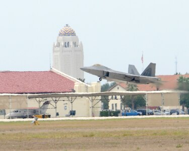 An F-22 Raptor takes flight over Randolph AFB, Texas, Sept. 4.  The Raptor is scheduled to perform at the Randolph Air Show Nov. 7 and 8.  (U.S. Air Force photo by Rich McFadden)
