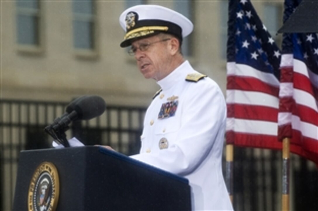 U.S. Navy Adm. Mike Mullen, chairman of the Joint Chiefs of Staff, speaks at the 9/11 commemoration ceremony at the Pentagon, Sept. 11, 2009. It marks the eighth anniversary of the terrorist attacks that killed 59 passengers onboard hijacked American Airlines flight 77, which crashed into the Pentagon to kill 125 inside.