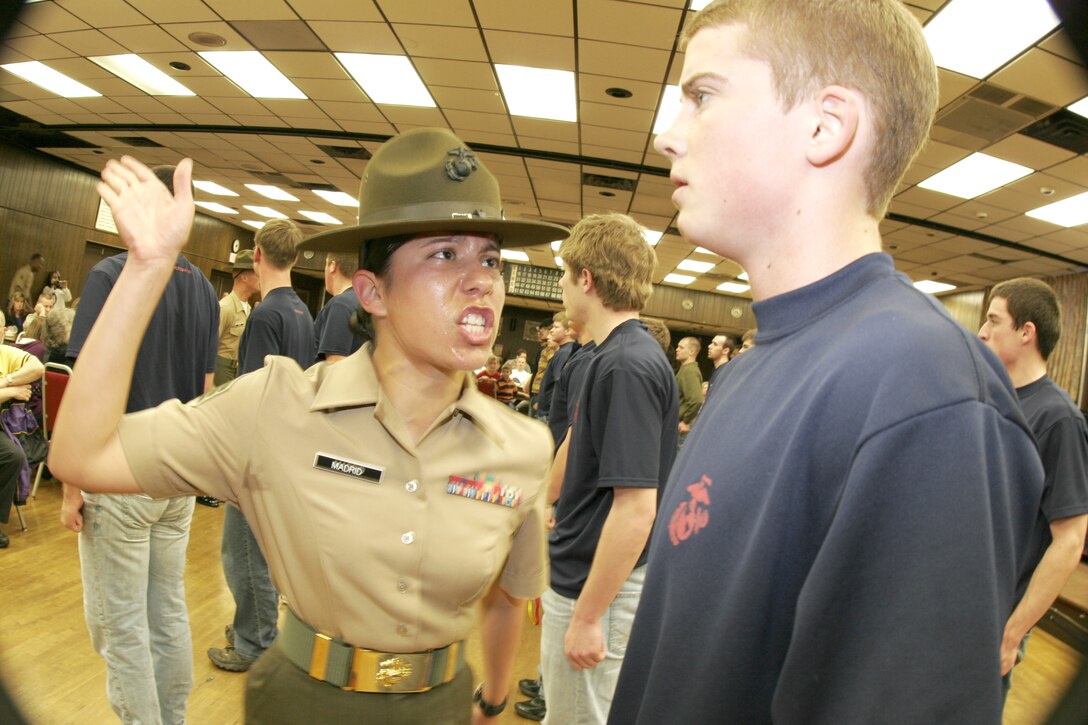 Marine Corps drill instructors visited numerous Iowa,  Nebraska and Illinois locations March 9-13 to join more than 1,000 young men and women who have signed up for the Marine Corps, as well as their families and friends, for dinner, a presentation on recruit training, and an unforgettable 25-minute taste of what these “poolees” can expect at boot camp.