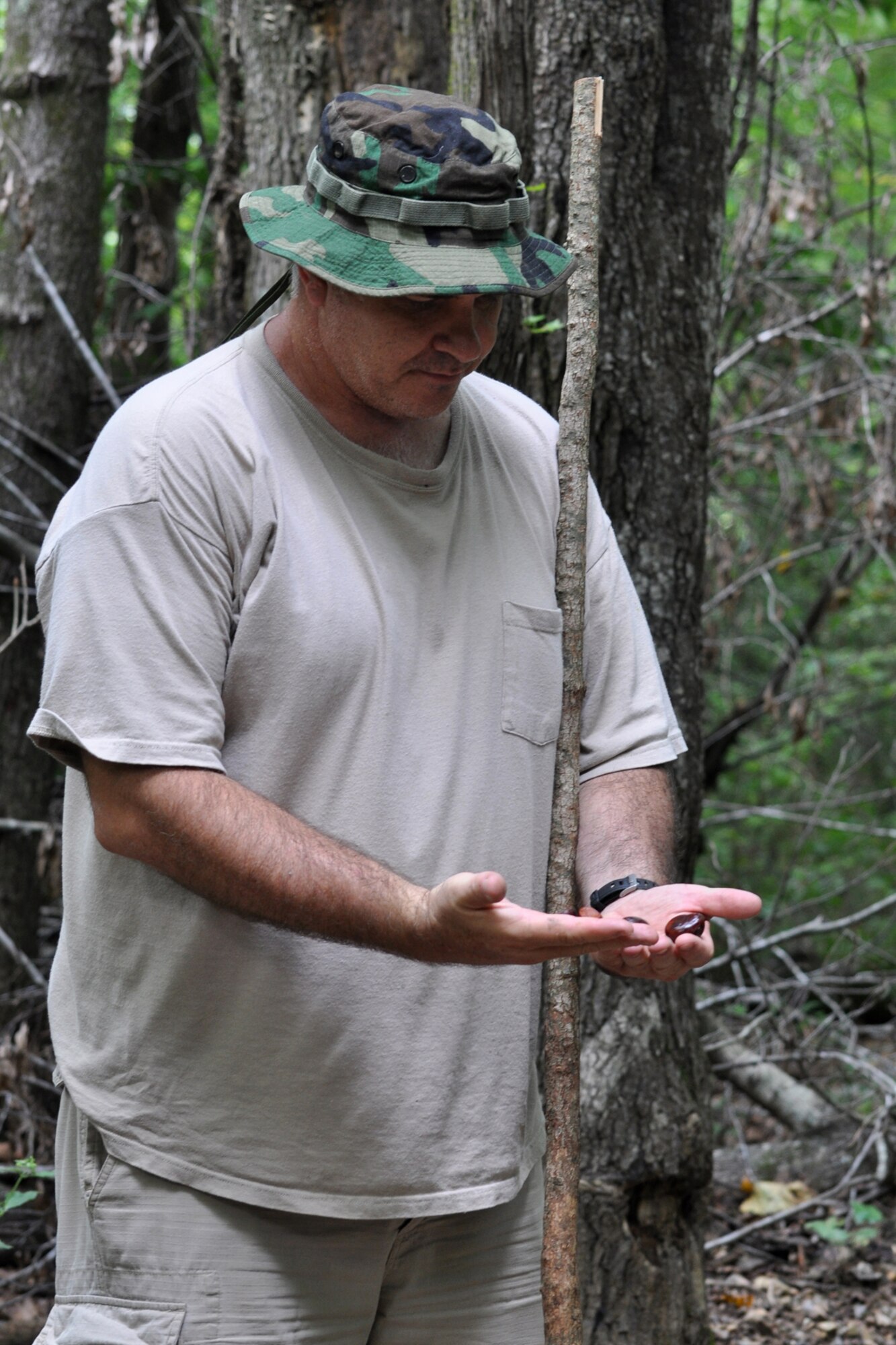 Master Sgt. Greg Steele, visual information specialist, 47th Fighter Squadron, collects buckeyes for good luck while on a nature hike in Arkansas’ Ouachita National Forest, Sept 6, 2009. Sergeant Steele was attending the 2nd Annual Un-Official 917th Wing Public Affairs Retreat, which is used to relieve stress, boost morale and build a sense of team cohesiveness within the public affairs office. (Photo by Jeff Walston)
