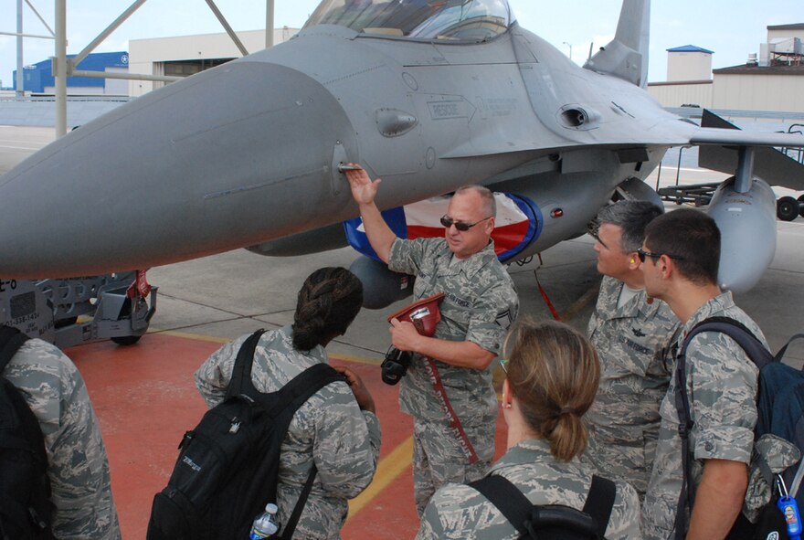 Senior MSgt Kenneth Stasny, a member of 301st Aircraft Maintenance Squadron, briefs Chaplain candidates on the basics of an Air Force F-16 here during the Chaplain Candidate tour August 2. (U.S. Air Force photo/TSgt Stephen C. Bailey)