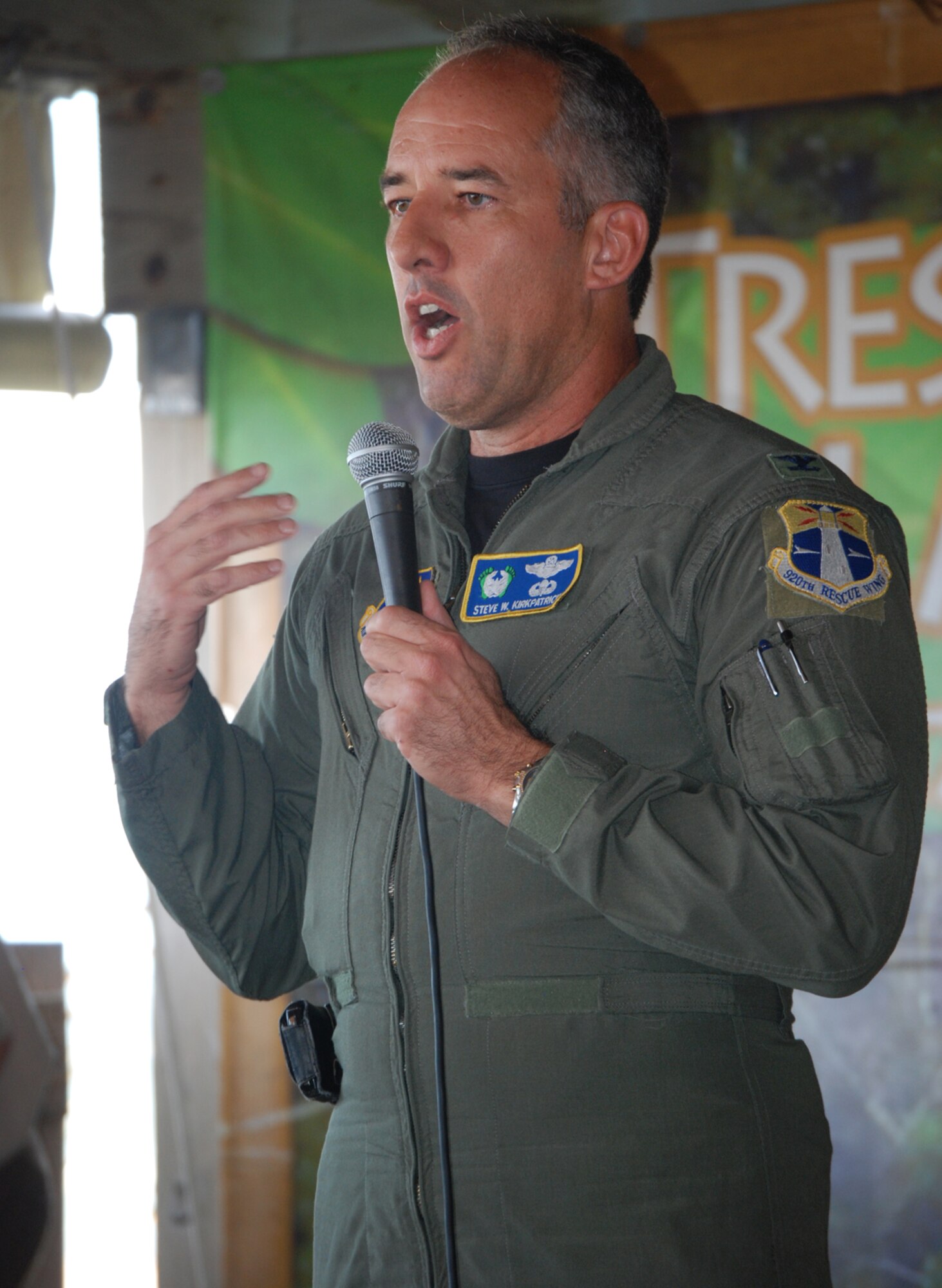 COCOA BEACH, Fla. -- Air Force Reserve Colonel Steve Kirkpatrick, commander of the 920th Rescue Wing, addresses local civic leaders, citizens of and visitors to the Cocoa Beach community and military members during a ceremony honoring military men and women, both past and present from the area Sept. 11 at a local restaurant on Cocoa Beach. The 920th Rescue Wing conducted a Search and Rescue operation involving Pararescuemen parachuting from unit-equipped HC-130P/N aircraft into the ocean and a rescue operation with the unit's HH-60G Pave Hawk helicopter which also performed during a air-to-air refueling demonstration with the HC-130P/N. The 920th Rescue Wing will conduct similar capability demonstrations during the Cocoa Beach air show scheduled for October 2-4 at Alan Shepard Park along Highway A1A in. U.S. Air Force photo/Master Sgt. Bryan Ripple