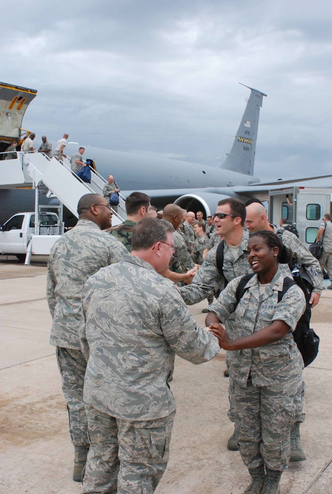 301st Fighter Wing Chaplains (Maj) Mark McDaniel and (Lt) George Jones welcome arriving Chaplain candidates as they begin their educational tour of NAS JRB Fort Worth, Texas. (U.S. Air Force photo/MSgt Shawn David McCowan)
