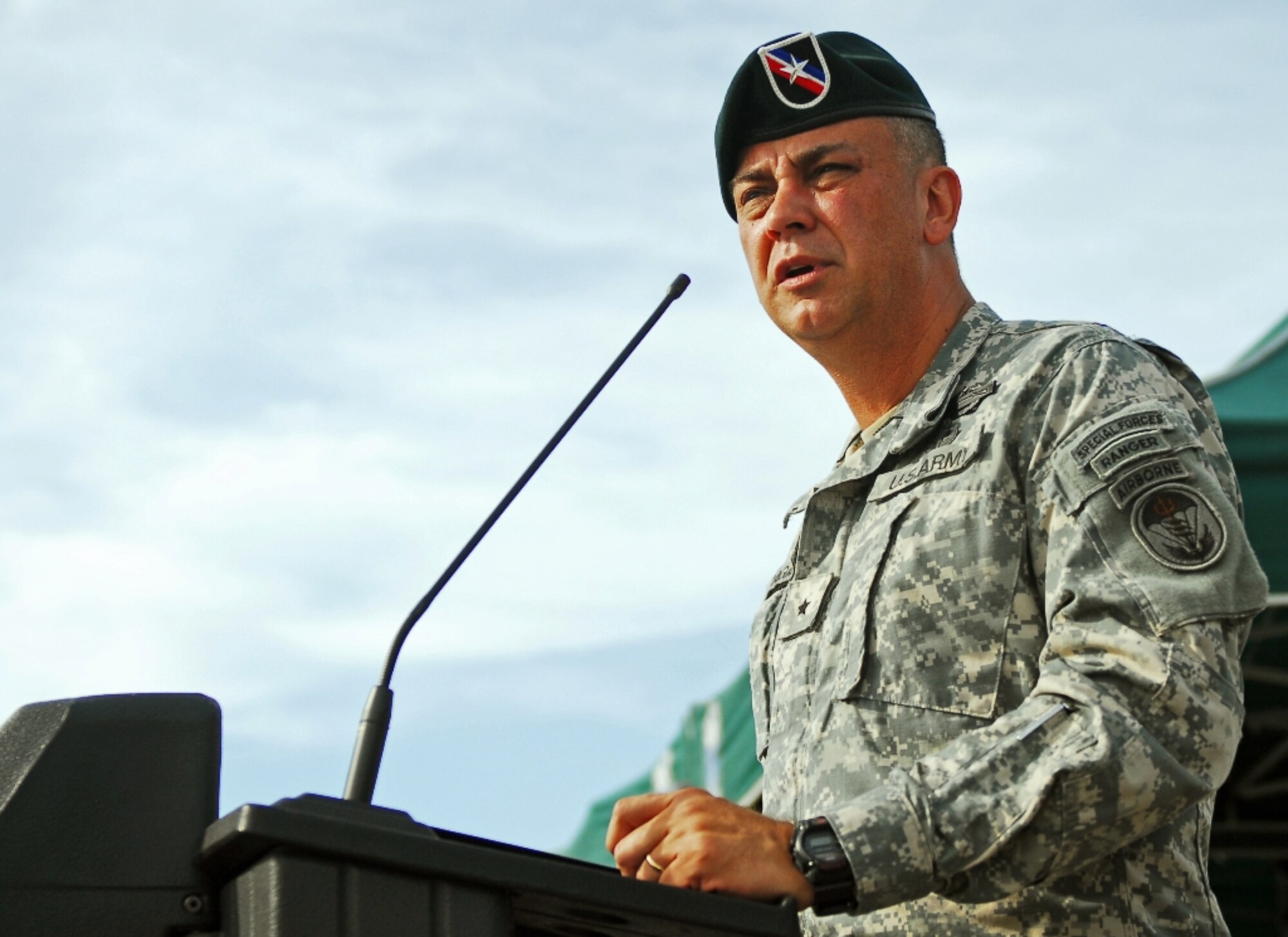 Brig. Gen. Hector E. Pagan, Commander, Special Operations Command South, takes a moment to reflect on the attacks of 911 and thanked every service member present for their sacrifices during a memorial ceremony on Homestead ARB, FL. (U.S. Army Photo by Sgt. 1st Class Felix A. Figueroa, SOCSOUTH PAO)