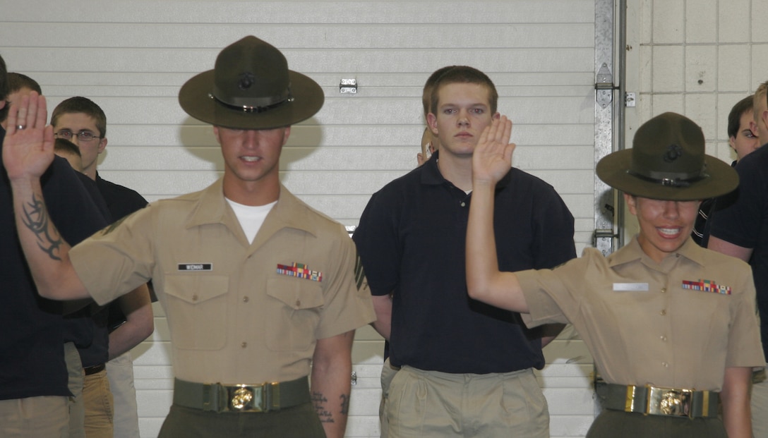 Marine Corps drill instructors visited numerous Iowa,  Nebraska and Illinois locations March 9-13 to join more than 1,000 young men and women who have signed up for the Marine Corps, as well as their families and friends, for dinner, a presentation on recruit training, and an unforgettable 25-minute taste of what these “poolees” can expect at boot camp.