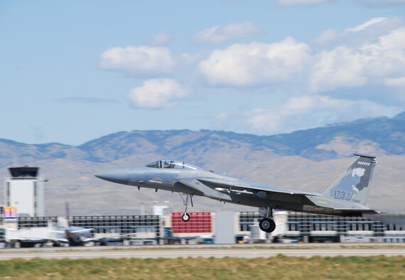 An F-15 Eagle from the 173rd Fighter Wing, Ore. Air National Guard, takes off down the runway for a routine training mission at Gowen Field, Boise, Idaho during Sentry Displacement.  The 173rd Fighter Wing is temporarily relocated to Gowen Field while the runway at their  home base in Klamath Falls is being repaired.