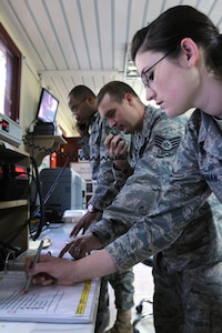KIRKUK REGIONAL AIR BASE, Iraq -- Staff Sgt. George Gomes gathers information during a phone conversation while Staff Sgt. Todd Leach relays a notification on the giant voice system and Senior Airman Allyson Youngman reviews the steps in a procedural checklist.  The Airmen, all assigned to the 506th Air Expeditionary Group, command post, have a demanding job where their expertise, quick actions and the information they control are depended on for mission success.  (U.S. Air Force photo/Staff Sgt. Joshua Breckon)