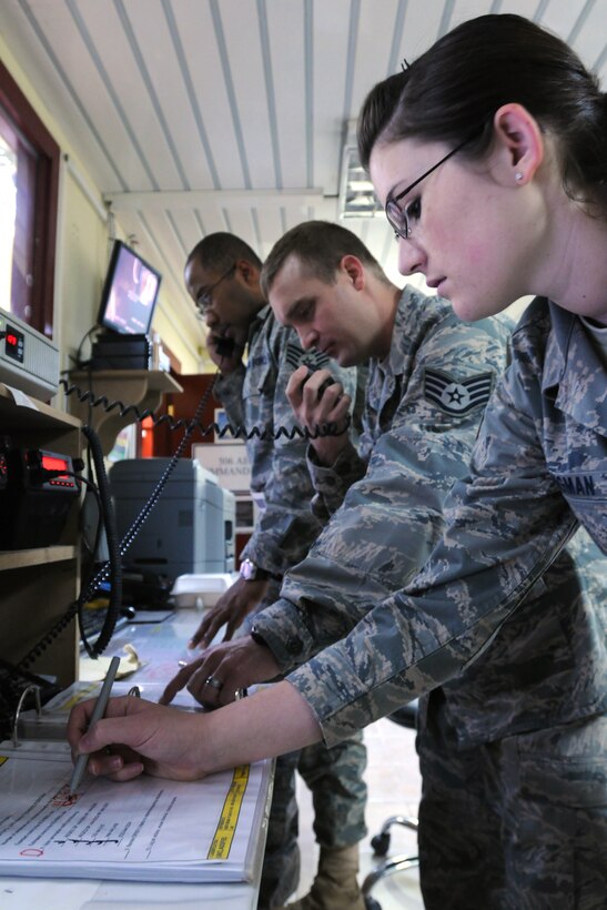 KIRKUK REGIONAL AIR BASE, Iraq -- Staff Sgt. George Gomes gathers information during a phone conversation while Staff Sgt. Todd Leach relays a notification on the giant voice system and Senior Airman Allyson Youngman reviews the steps in a procedural checklist.  The Airmen, all assigned to the 506th Air Expeditionary Group, command post, have a demanding job where their expertise, quick actions and the information they control are depended on for mission success.  (U.S. Air Force photo/Staff Sgt. Joshua Breckon)