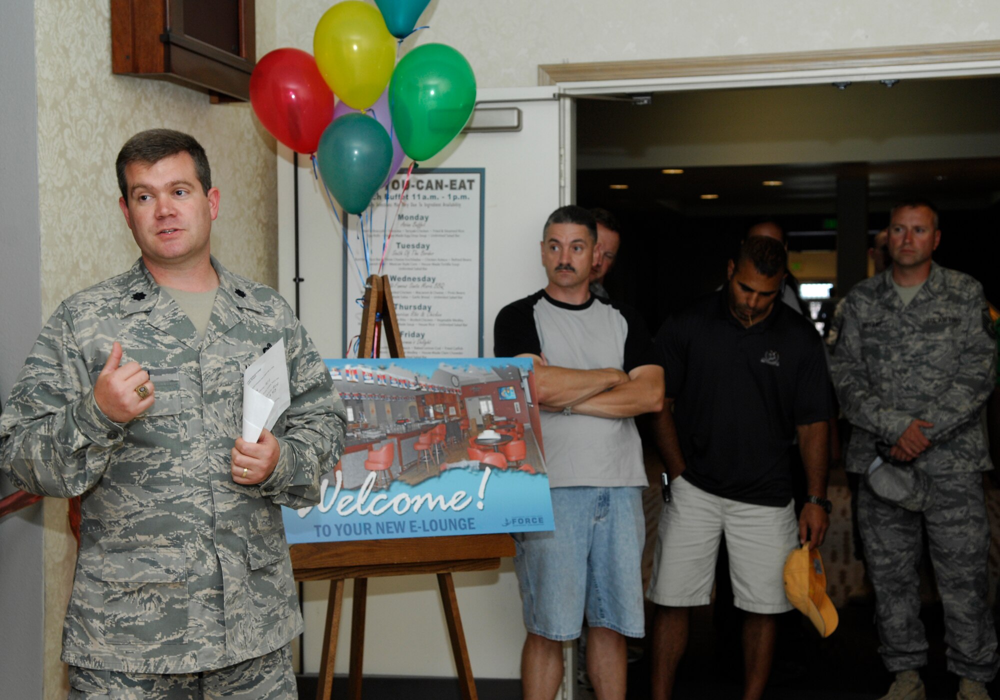 VANDENBERG AIR FORCE BASE, Calif. -- As Team V members eagerly await the re-opening of the enlisted lounge at the Pacific Coast Club, 30th Force Support Squadron commander Lt. Col. Jason Bush, enlightens the team on the new changes and upcoming events here Sept. 10. The newly-renovated enlisted lounge is now open after many months of construction work. (U.S. Air Force photo/Airman 1st Class Heather Shaw)
