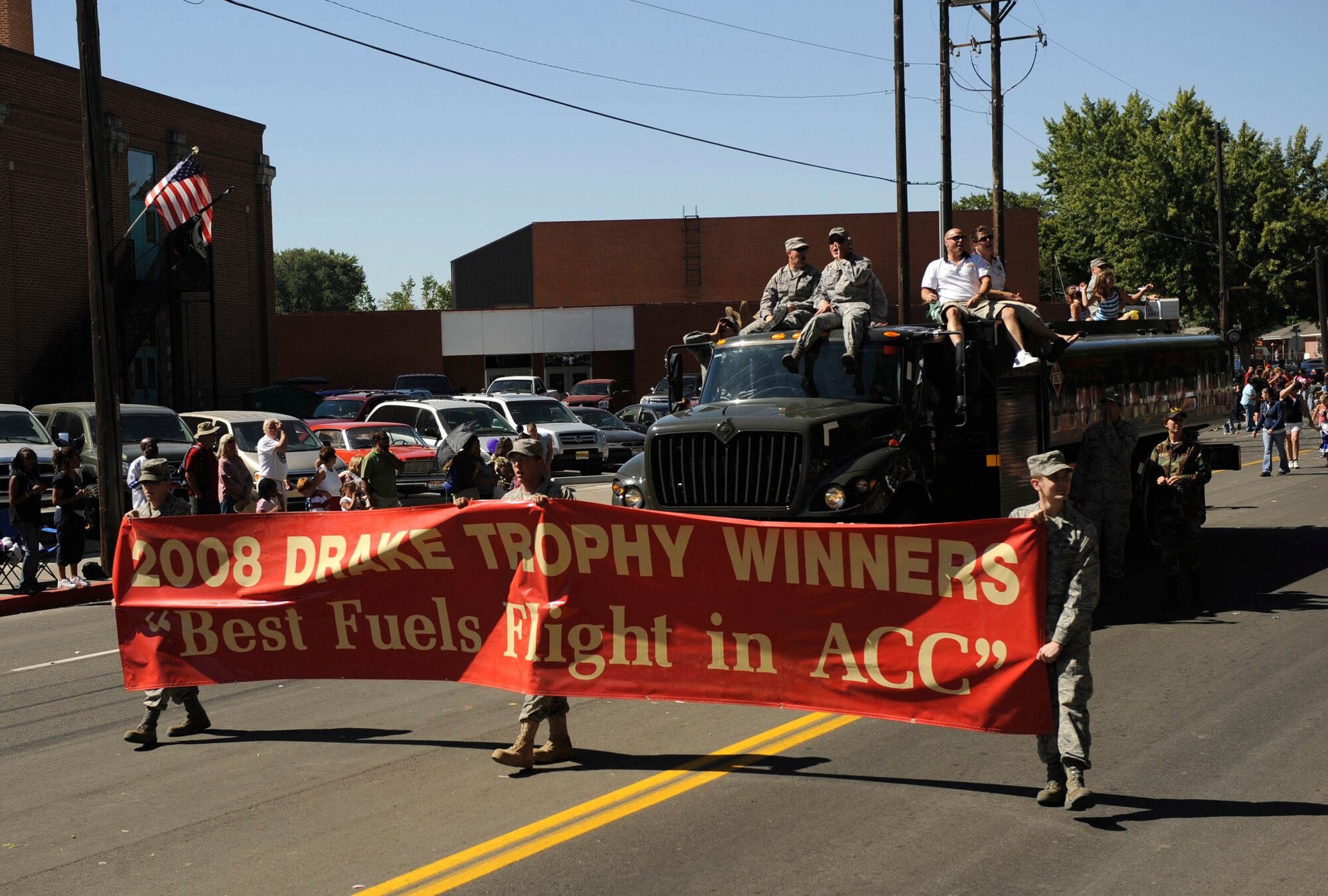 MOUONTAIN HOME AIR FORCE BASE, Idaho --  The 366th Logistics Readiness Squadron fuels management flight parade float drives past during the 49th Air Force Appreciation Day parade Sept. 12 in downtown Mountain Home. The 366th LRS float was one of more than 120 entries this year. The year’s festivities began with a corn shucking competition and fun run Sept. 11 and ended with the parade and free barbecue Sept. 12. AFAD began in 1962 as a way for the Mountain Home Chamber of Commerce to express their gratitude for the economic benefits the Air Force brought to the area and a way to encourage neighborly growth. (U.S. Air Force photo by Airman 1st Class Renishia Richardson)