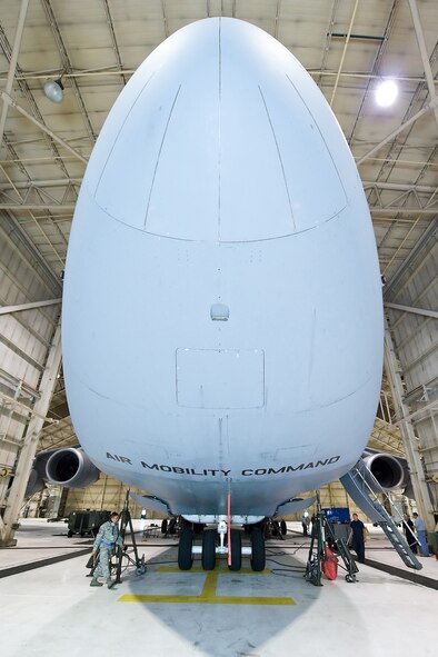 A C-5M Super Galaxy, "The Spirit of Normandy", is prepared to be placed on jacks Sept.11 in preparation for a weighing for its attempt to break 33 world records. The goal of the mission is to showcase the C-5M's capabilities. (U.S. Air Force photo/Roland Balik)