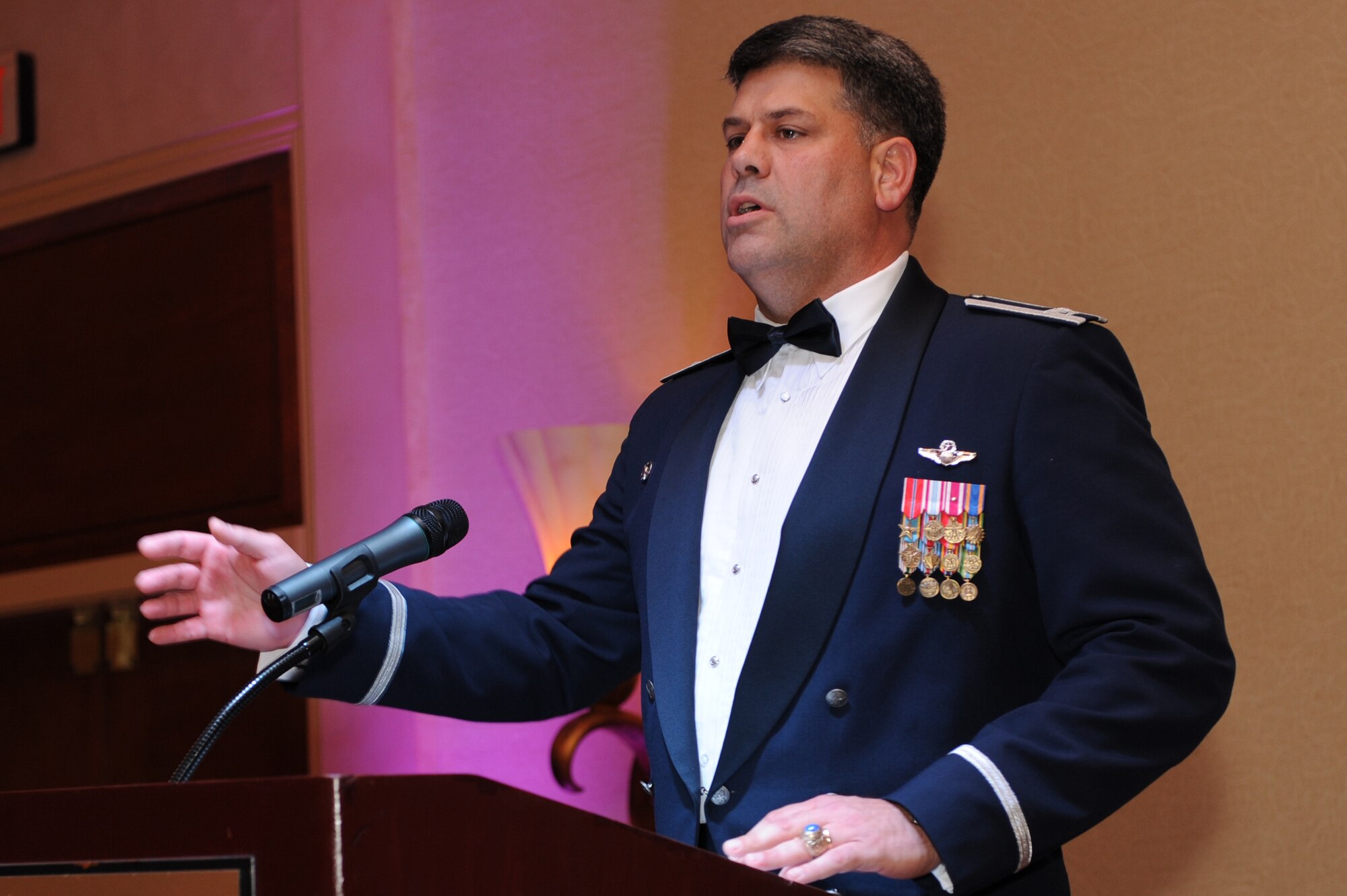 Col. Greg Otey, 19th Airlift Wing commander, gives his opening remarks kicking off the Air Force Ball at the Peabody Hotel, Little Rock, Ark.  Sep. 12. The Air Force Ball is an annual event held to honor the Air Force's rich heritage. (US Air Force photo by Senior Airman Jim Araos)