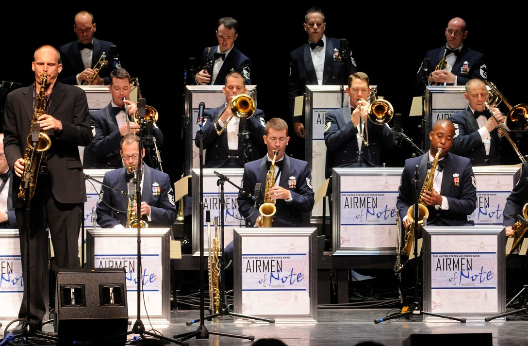 Darmon Meader, of the Grammy Award winning vocal ensemble New York Voices, performs with the United States Air Force Band’s Airmen of Note Sept. 11 in the Linser Auditorium at George Washington University, D.C. The two groups performed together as part of the USAF Band’s jazz heritage concert series. For a list of all the free, jazz heritage series concerts visit www.bollng.af.mil. (U.S. Air Force photo by Staff Sgt. Tim Chacon)