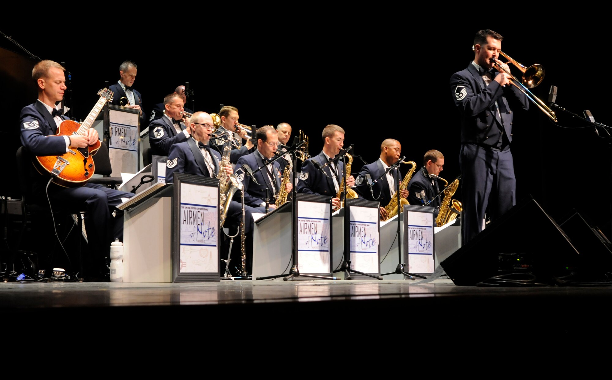 Master Sgt. Jeff Martin, United States Air Force Band, performs a jazz trombone solo during a concert Sept. 11 in the Lisner Auditorium at George Washington University, D.C. The Band performed with the Grammy Award winning vocal ensemble, the New York Voices as part of the Band’s jazz heritage concert series. For a list of all the free jazz heritage series concerts visit www.bollng.af.mil. (U.S. Air Force photo by Staff Sgt. Tim Chacon)