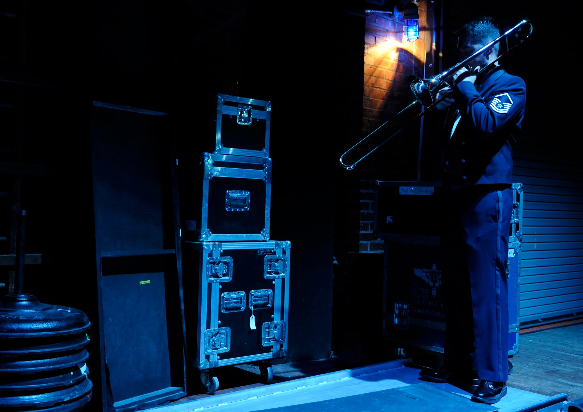Master Sgt. Jeff Martin, United States Air Force Band, warms up prior to a concert Sept. 11 in the Lisner Auditorium at George Washington University, D.C. The Band performed with the Grammy Award winning vocal ensemble, the New York Voices as part of the Band’s jazz heritage concert series. For a list of all the free, jazz heritage series concerts visit www.bollng.af.mil. (U.S. Air Force photo by Staff Sgt. Tim Chacon)