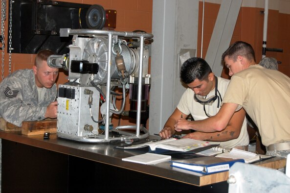 (From left) Tech. Sgt. Matthew Nesby, Staff Sgt. Preston Yockeman, and Staff Sgt. Robert Richards, 341st Maintenance Group, conduct a periodic inspection of a guided missile maintenance platform as part of the 20th Air Force Combat Capability Evaluation. (U.S. Air Force photo/Tech. Sgt. Marcus McDonald)