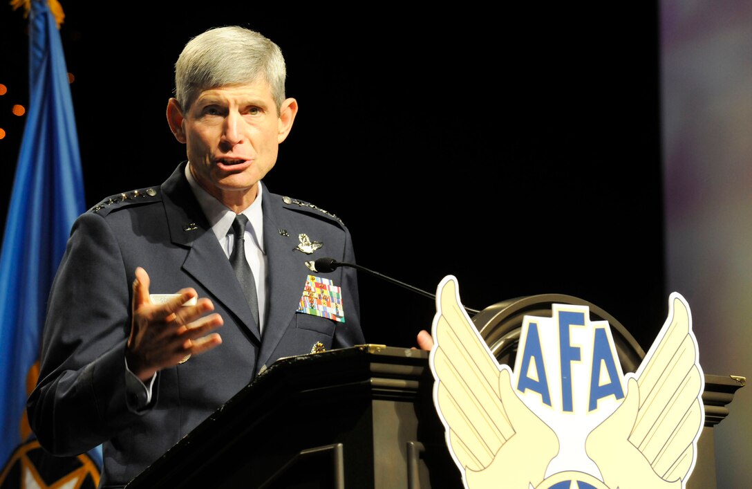 Air Force Chief of Staff Gen. Norton Schwartz presents opening remarks at the 2009 Air Force Association Air & Space Conference and Technology Exposition Sept. 14, in Washington, D.C. During his address, General Schwartz thanked Airmen for their significant contributions to the service's joint and global missions. (U.S. Air Force Photo/Scott M. Ash)