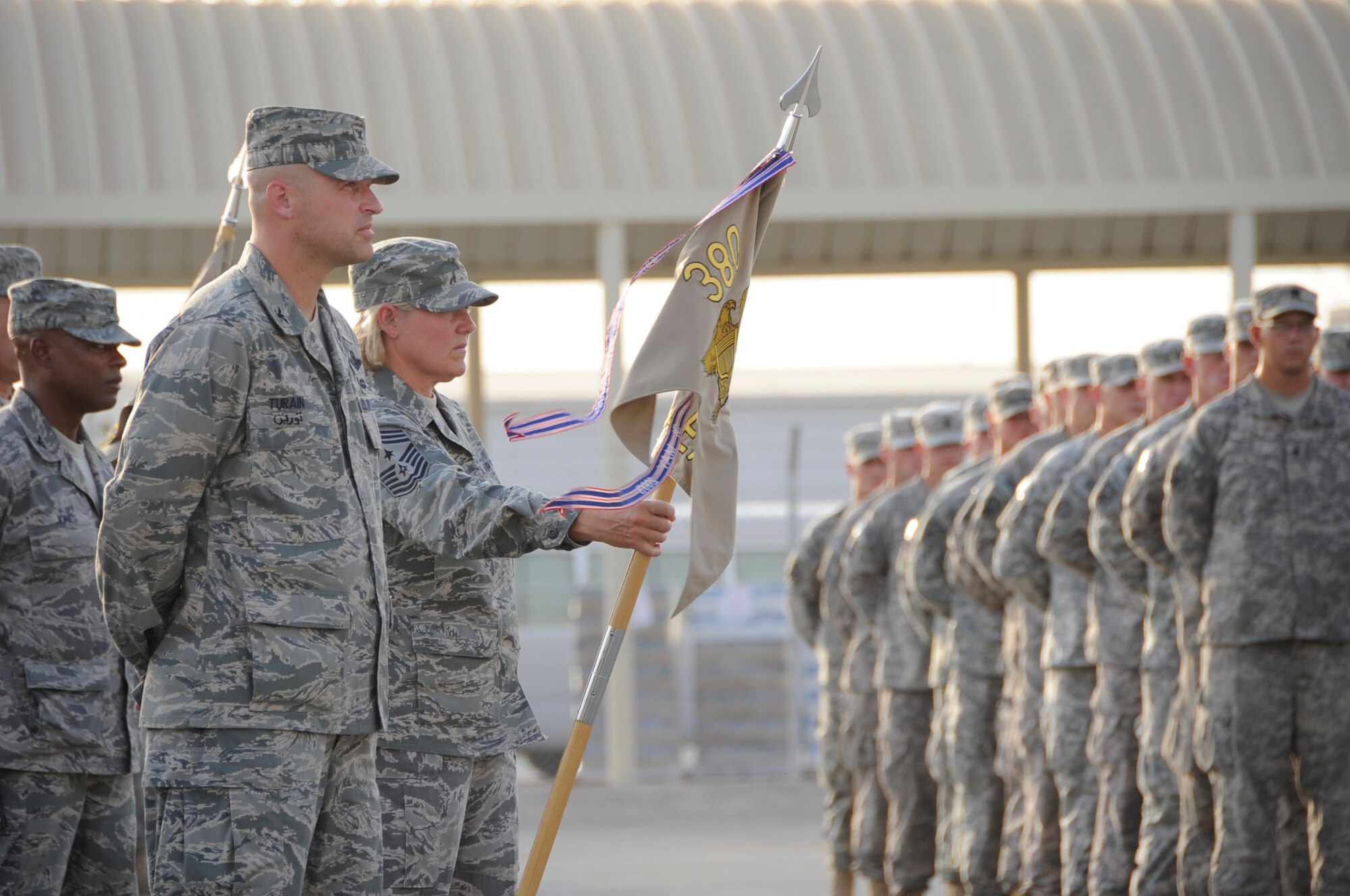 SOUTHWEST ASIA – Airmen and Soldiers stand in formation during a commemoration ceremony here on the eighth anniversary of Sept. 11, 2001. Approximately 450 Airmen and Soldiers participated in the event. (U.S. Air Force photo/Senior Airman Stephen Linch)