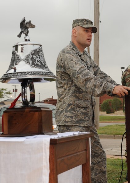 DYESS AIR FORCE BASE, Texas – Dyess Chaplain (Capt.) James Galyon speaks about the Sept. 11 terrorist attacks against America here Sept. 11. Chaplain Galyon gave a declaration followed by a prayer for the nearly 3,000 victims of Sept. 11 and their families. He also reminded active-duty members of the sacrifice and honor that comes with serving our country. (U.S Air Force photo by Senior Airman Jennifer Romig)